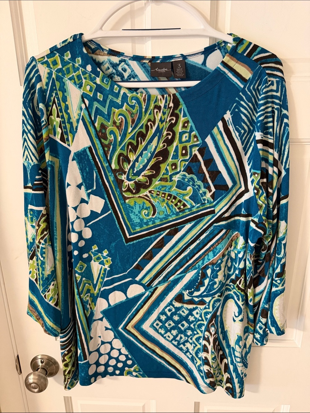 Chico's Travelers Mercer Turquoise Paisley geometric patchwork tunic top Size 3